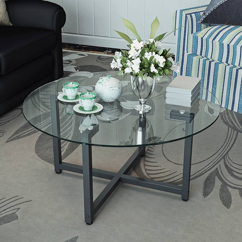 Modern 35" D Round Coffee Table, Clear/Black