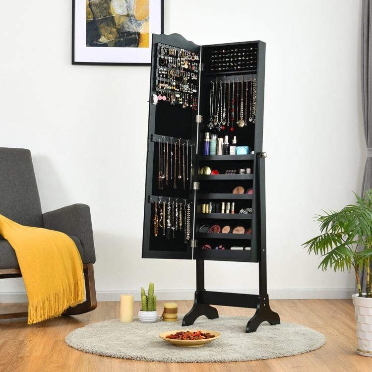 Mirrored Lockable Jewelry Cabinet Armoire Organizer Storage Box - 18.5" x 14.5" x 63.5" ( L x W x T )