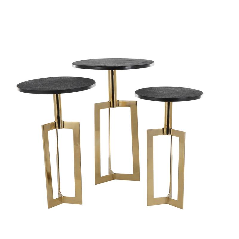 Gold or Black Aluminum Metal Geometric Accent Table with Black Marble Tabletops (Set of 3)