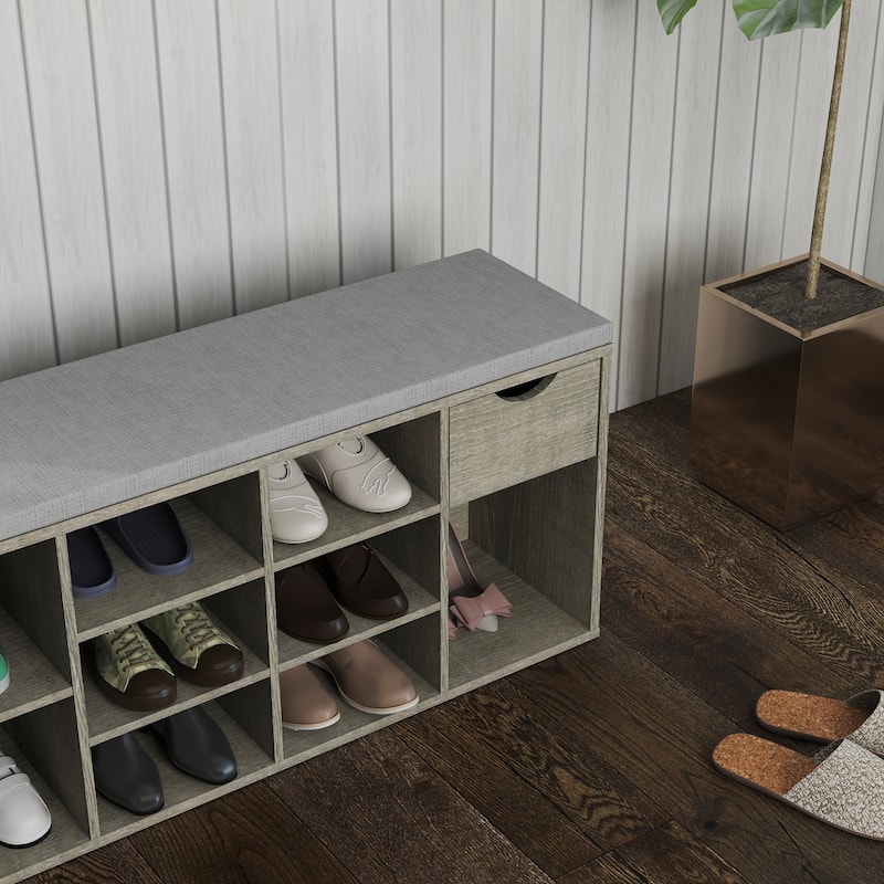 Shoe Bench, Entryway Bench with Padded Cushion, Drawer and Open Compartments, Bench with Storage, 3 Tier Shoe Rack Bench