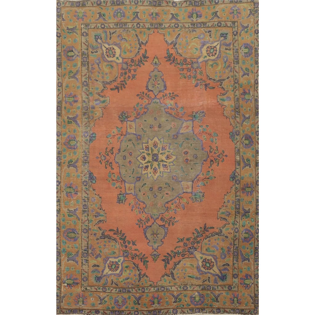Hand Knotted Oriental 100% Wool Carpet Traditional Floral Coral Tabriz Area Rug - 9' 1'' X 6' 8''