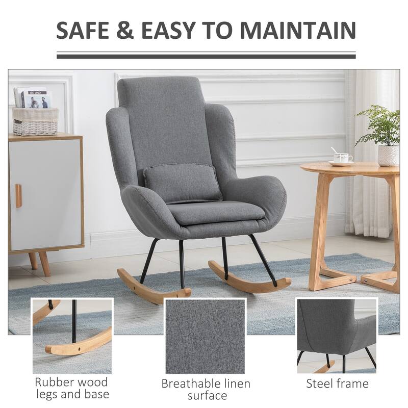 HOMCOM Modern Comfortable Relax Rocking Sofa Armchair Lounge Chair with Thick Padding Metal Frame Pillow Light Grey