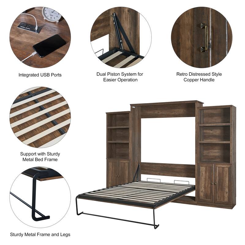 Half Self-Close and Open Murphy Bed with 2 Side Cabinet Storage Shelf
