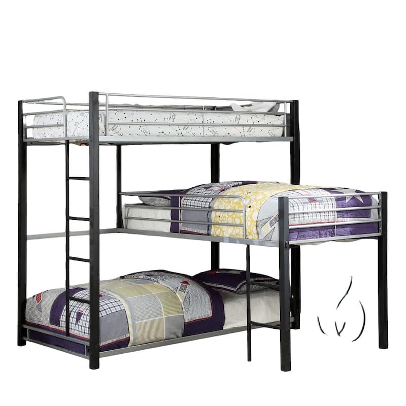 Contemporary Metal Triple Tier Bunk Bed with Corner Design and Guard Rails, Sand Black Finish