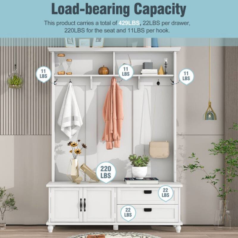 Modern Style Hall Tree With Storage Cabinet Drawers Open Storage Shelves Space Saving
