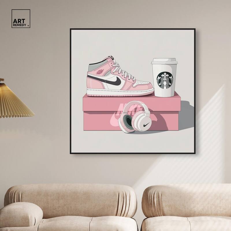 Pink Sneaker and Headphones Canvas by Art Remedy