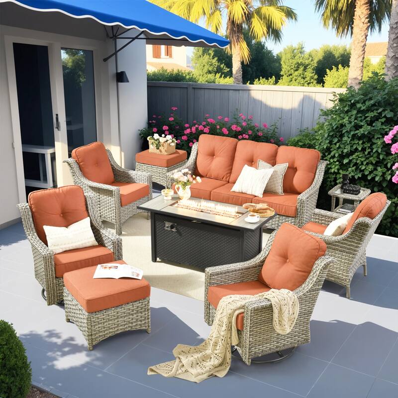 HOOOWOOO 9-piece Rattan Outdoor High Backrest Swivel Chair Set with 54"Fire Pit - Red