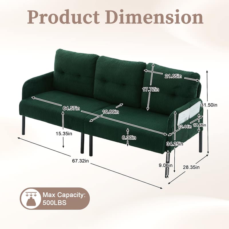 HOMEFUN Corduroy Upholstered Oversized Wood Frame Loveseat Sofa with Metal Legs and Side Pockets