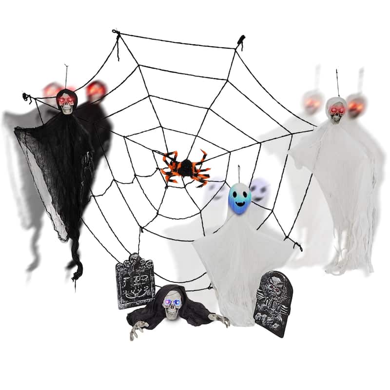 8-Piece Halloween Decorations Set with LED Eyes Ghosts Gravestones Skeleton and Giant Cobweb