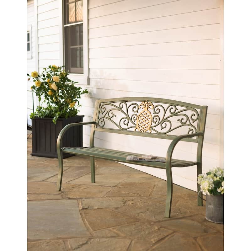 Pineapple 50 in. Verdigris Metal Outdoor Bench