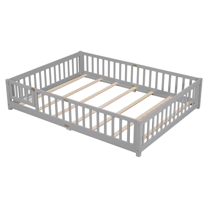 Queen size Floor Platform Bed with Fence Guardrails and Door