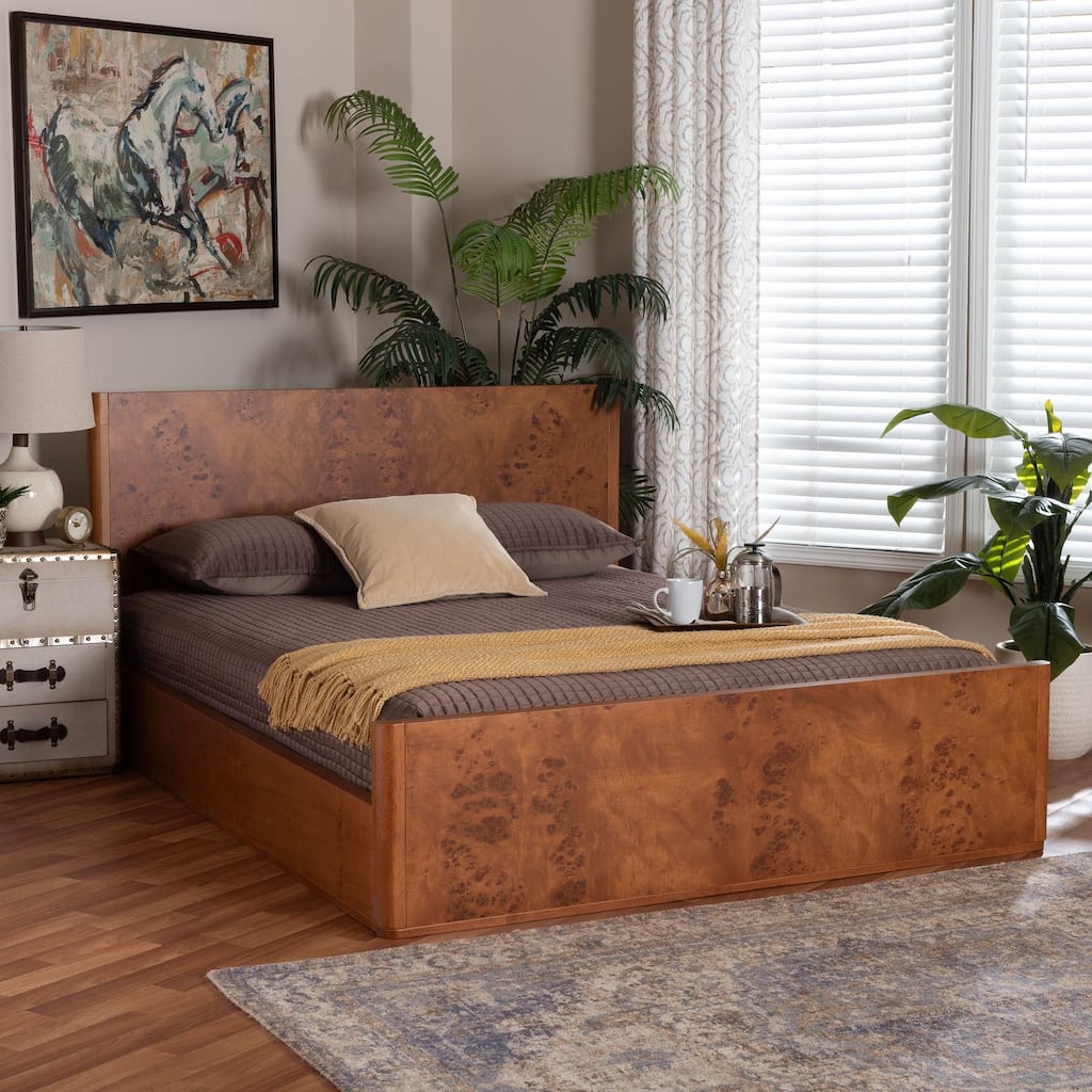 Fuentes Real Burl Wood Bed Frame - Modern Low-Profile Platform Bed with Accent Footboard, Mid-Century Inspired Furniture, Queen