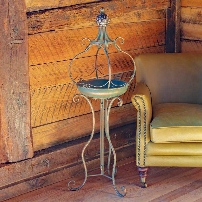 45 Inch Tall Standing Bronze Iron Birdbath with Ceramic Sailor Ball - 14.57x14.57x44.88