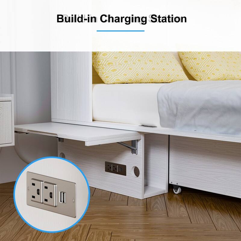 Mixoy Murphy Bed,Cabinet Chest Bed with Charging Station&Storage