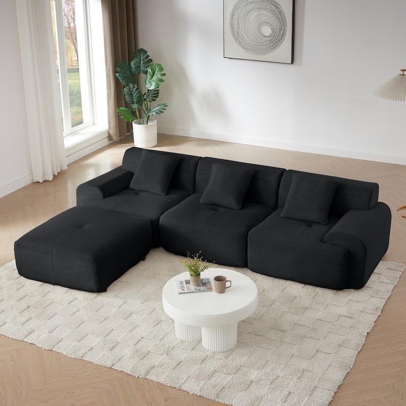 Modular 3-Seater Sofa Floor-standing Couch with Movable Ottoman, 113" L-Shaped Sectional Sofa for Living Room, Black