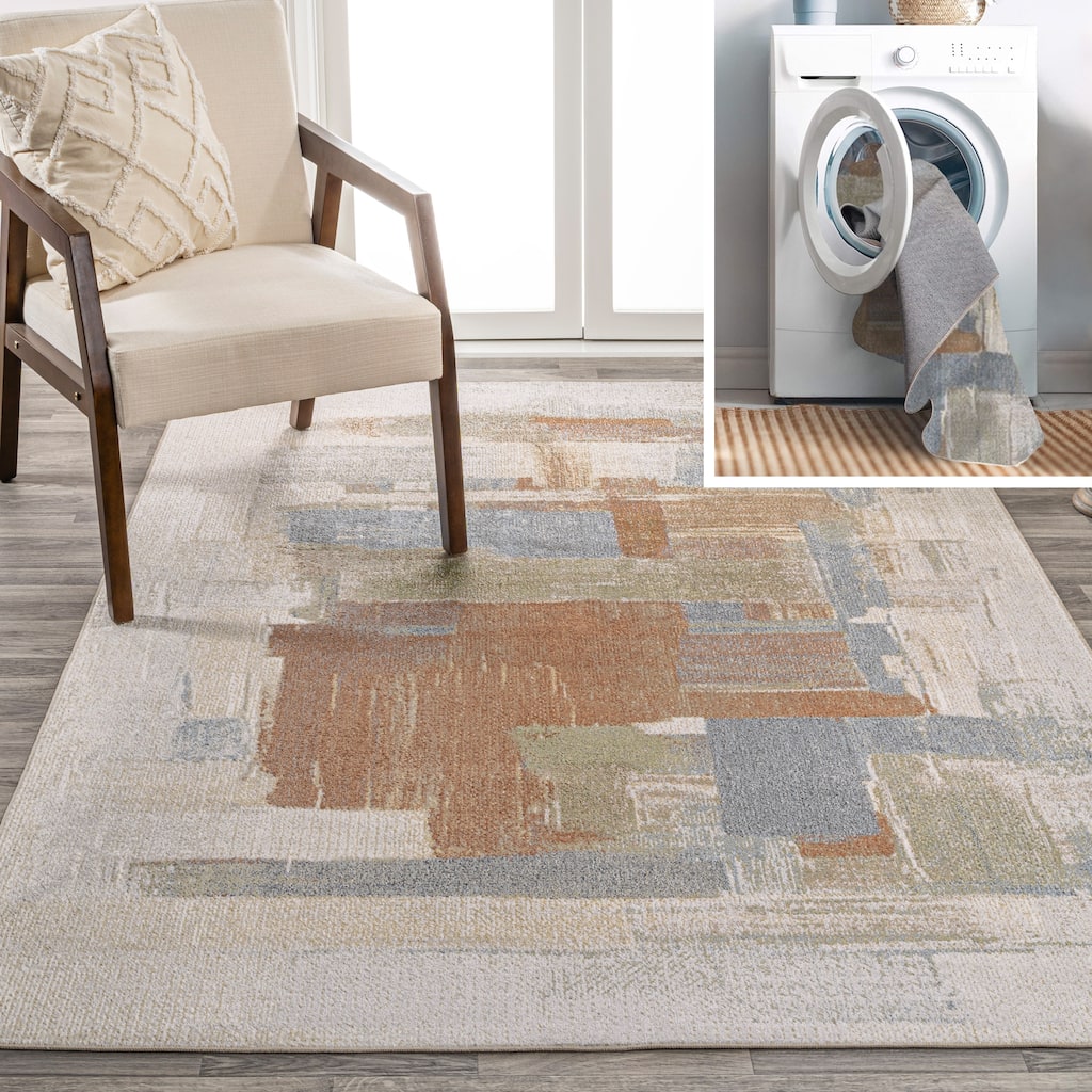 JONATHAN Y Gingham Abstract Coastal Watercolor Machine-Washable Cream/Multi Area Rug