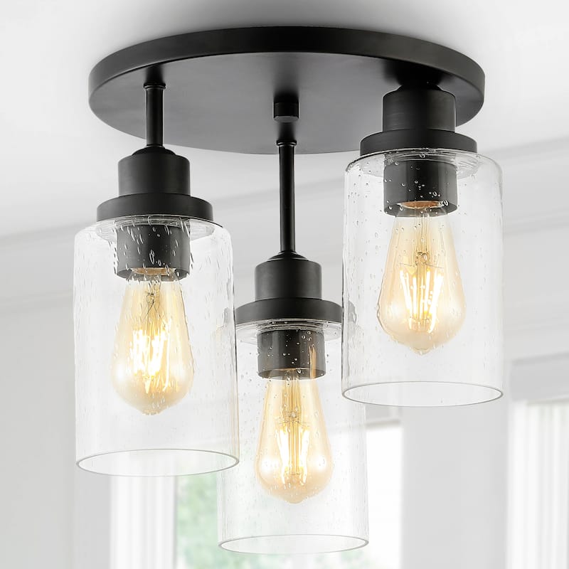 Wicklow 12" 3-Light Bohemian Farmhouse Iron/Seeded Glass LED Semi Flush Mount, Black/Clear by JONATHAN Y