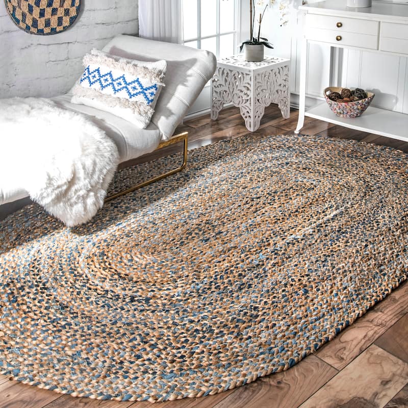 Nuloom Eliz Braided Denim and Jute Area Rug - 5' x 8' Oval - Blue