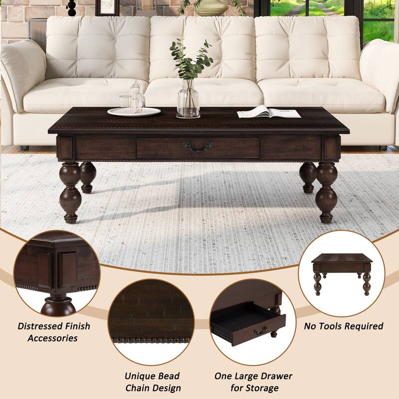 Solid Wood Coffee Table Set of 3 with Drawer, Vintage Coffee Table and 2 End Side Table for Living Room, Office