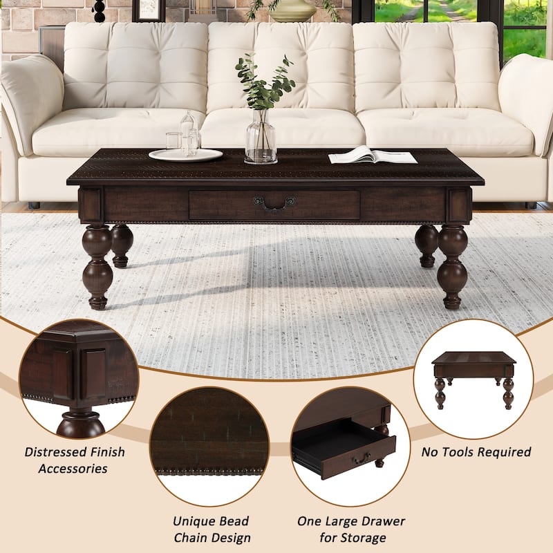 Solid Wood Table Sets of 3 with Coffee Table and 2 End Tables, Vintage Tables with Storage Drawers and Unique Gourd-Shaped Legs