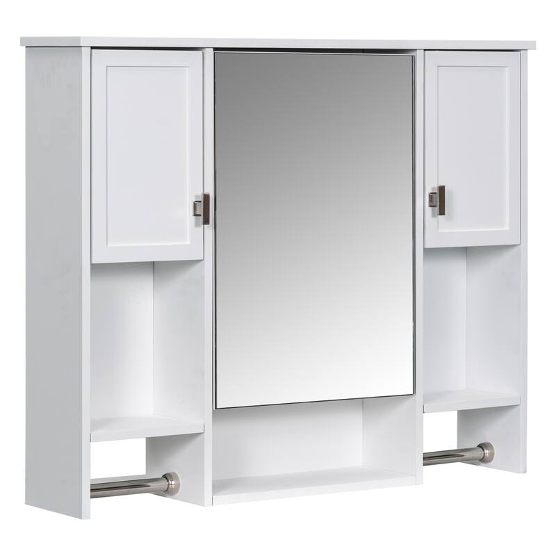 35'' x 28'' Modern Wall Mounted Bathroom Storage Cabinet with Mirror, 3 Doors, Adjustable Shelves, Towel Bar, Black