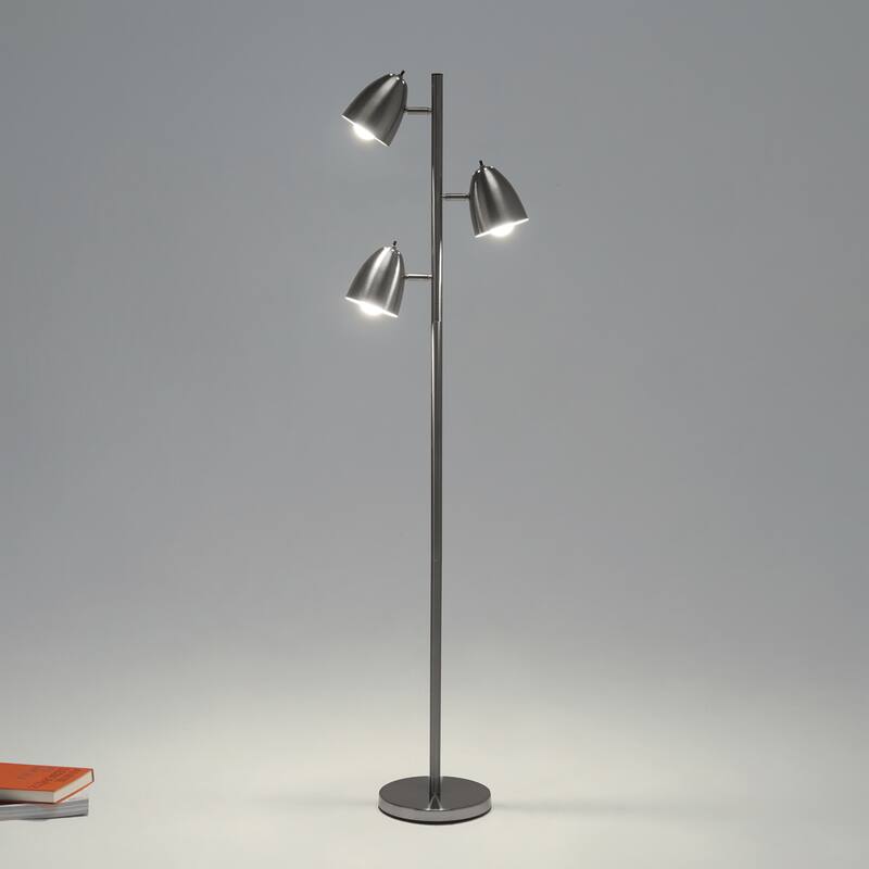 Brightech Jacob 64 in. Brushed Nickel Mid-Century Modern 3-Light Adjustable LED Floor Lamp with 3 Nickel Metal Cone Shades