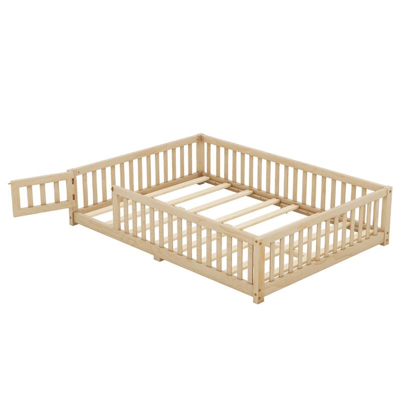 Full Size Pine Wood Floor Bed with Safety Guardrails and Door