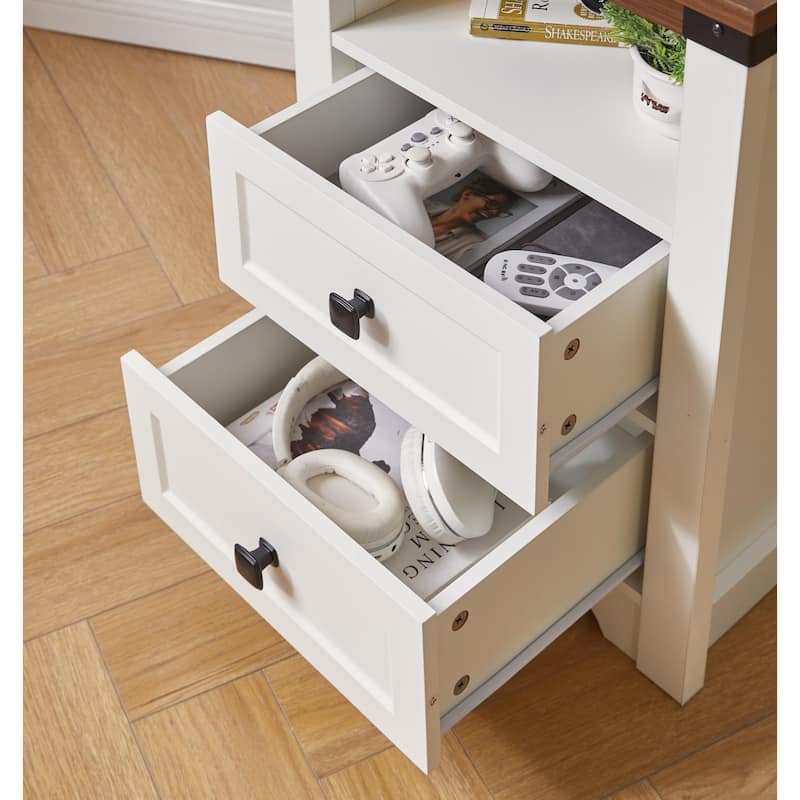 Farmhouse Side Table with Charging Station, Antique Nightstands with Drawers, Bedside Table with Open Shelf for Bedroom