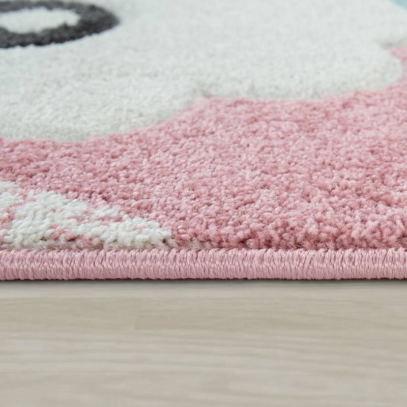 Cute Kids Rug with happy Llama for Nursery in Pink White and Grey