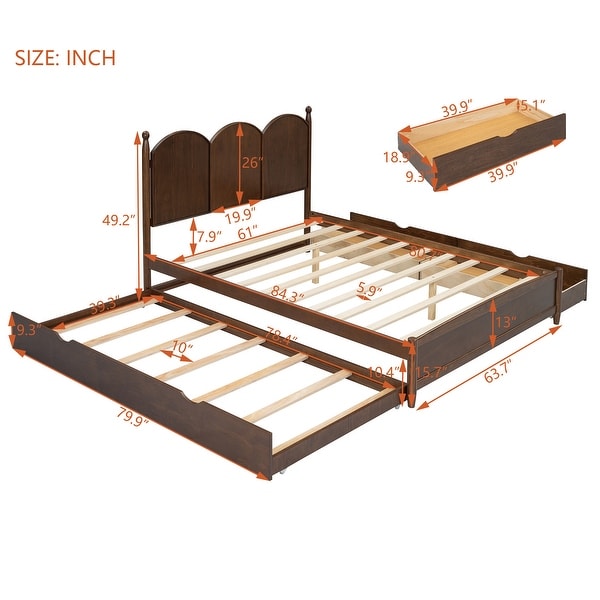 Walnut Classic Queen Bed with 2 Big Drawers, Platform Bed with