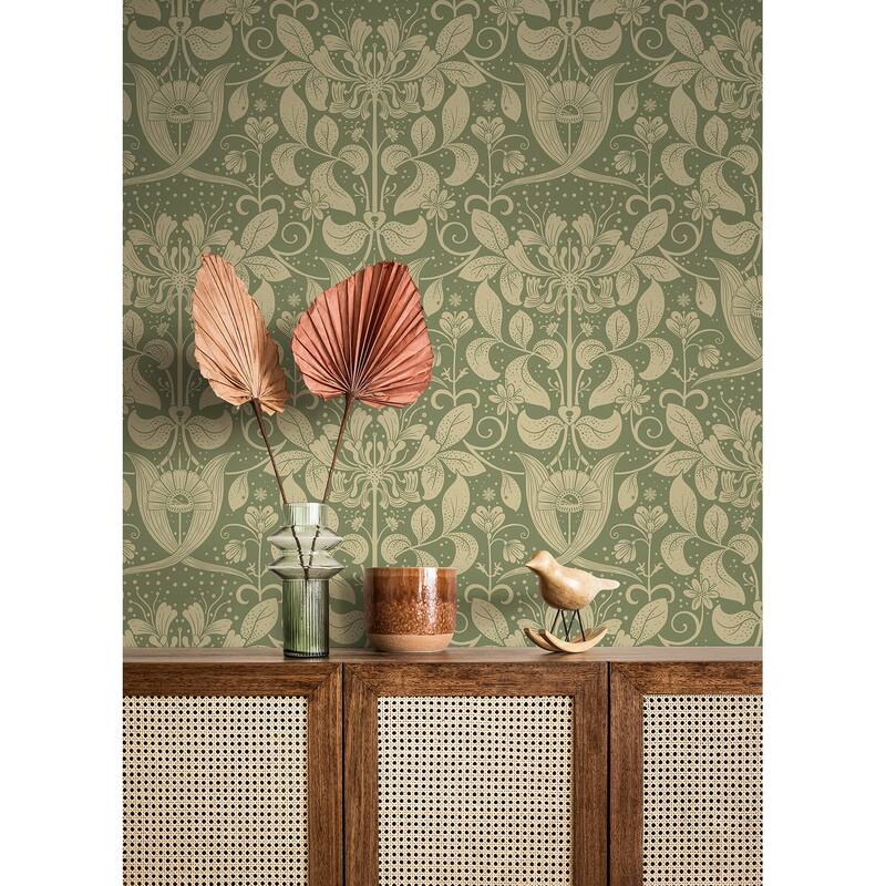A-Street Prints Berit Green Floral Crest Wallpaper