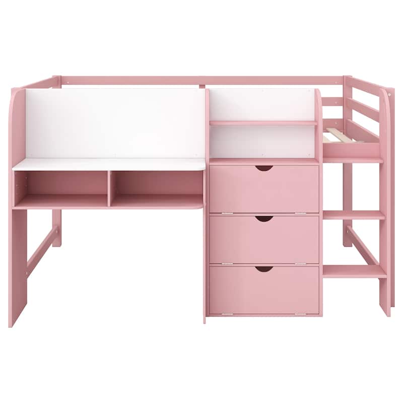 Kids Low Loft Bed Full Size Wood All-in-one Loft Bed Built-in Desk, Storage Cabinets and Open Bookcase for Boys and Girls