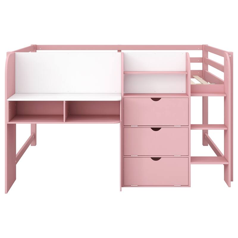 Roomfitters Full Size Low Loft Bed with Desk, Storage Cabinets, Open Bookcase and Whiteboard, Multifunctional Wooden Frame, Pink