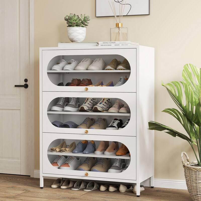 Entryway Shoe Storage Cabinet with 3/4 Flip Doors, Shoe Rack Organizer for Hallway - 3 Door--6 Tier - White-glass door