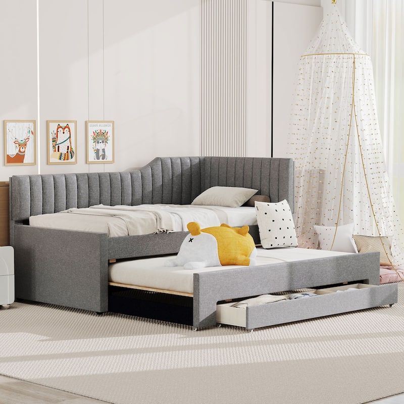 Twin Size Daybed Bed Frame with Linen Upholstered Backrest and Three Drawers, Pull-out Trundle Bed w/Slatted Support