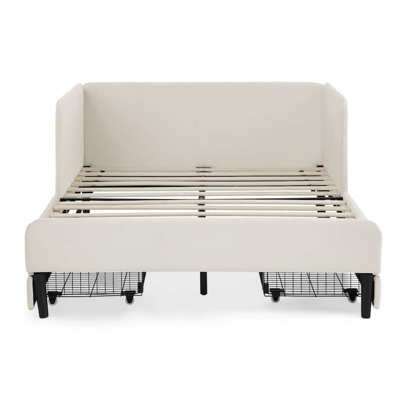 Roomfitters Twin/Full Upholstered Platform Bed with Side Backrest and Underbed Storage Trundle