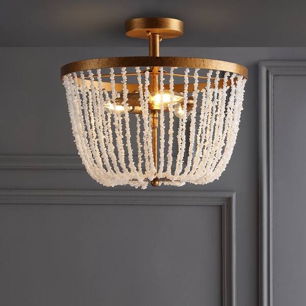 slide 2 of 8, Gabrielle 15" Stone/Metal LED Flush Mount, Antique Gold / White by JONATHAN Y