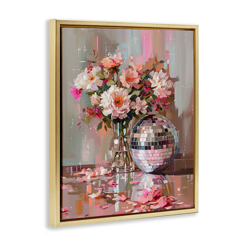 Stupell Disco Ball & Flowers Still Life Framed Floater Canvas Wall Art Design By Arlington Prints