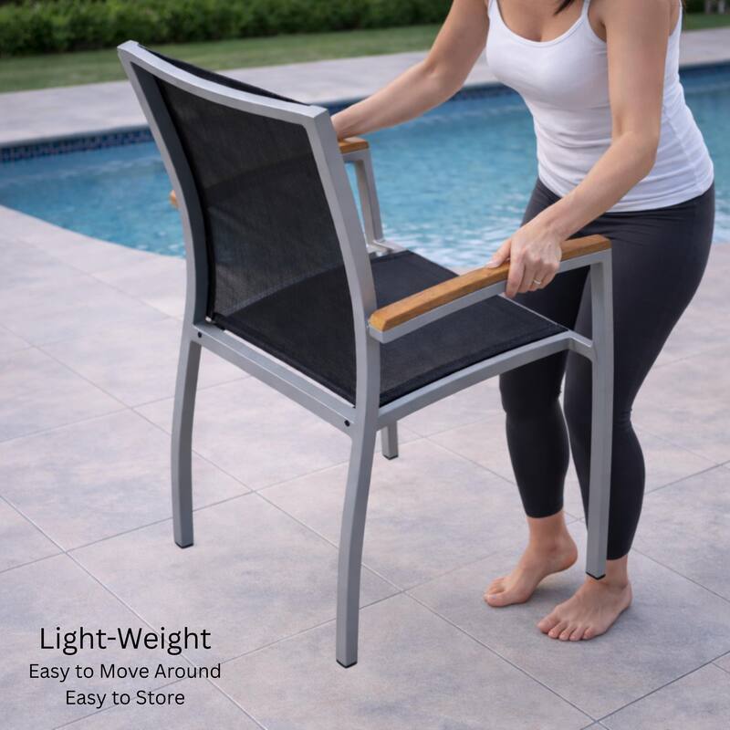 Luna Light Grey 7-Piece Aluminum Outdoor Dining Set with Sling Set in Black - N/A