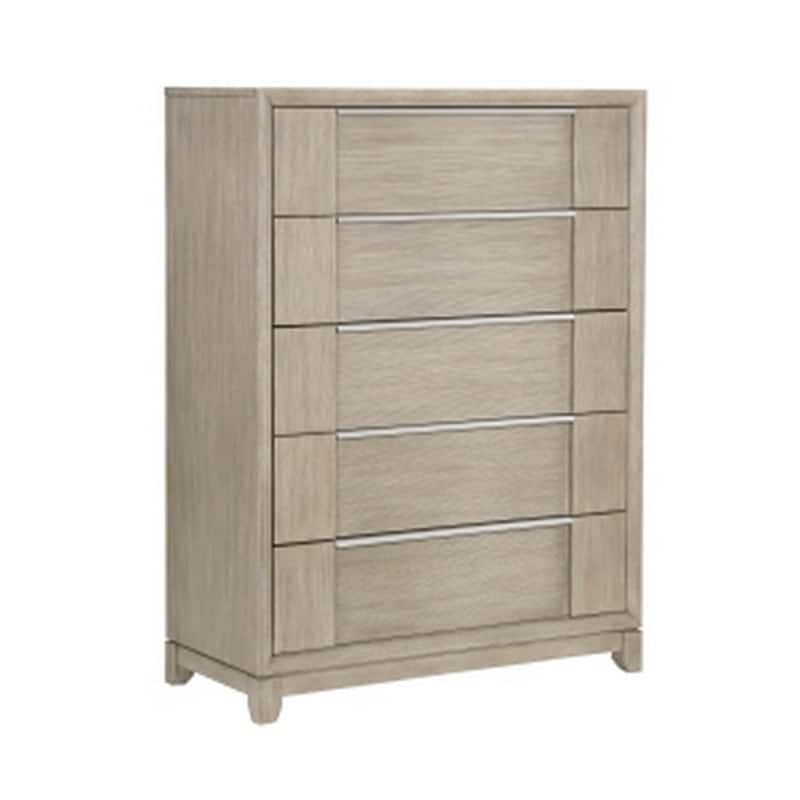 Owen 54 Inch Tall Dresser Chest, 5 Drawers Pewter Handles, Light Beige Wood