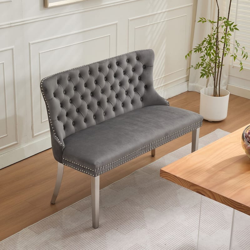 Velvet Double Dining Loveseat Bench, 2-Seat Tufted Bench w/Handmade Buttons, Wing Back, Gold-Plated Steel Legs, Single Pack