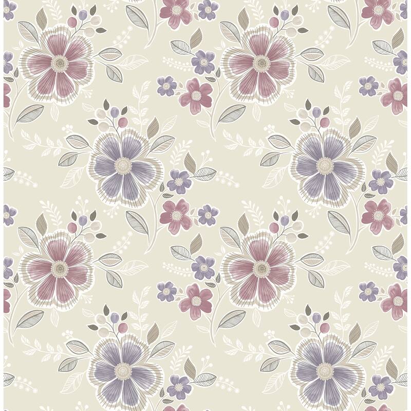Brewster Chloe Purple Floral Wallpaper - 20.5in x 396in x 0.025in