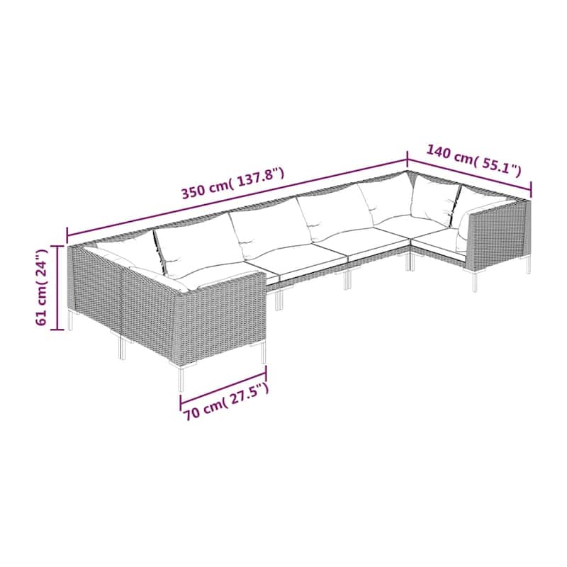 vidaXL Patio Lounge Set Outdoor Sectional Corner Sofa Poly Rattan Dark Grey - 27.6" x 27.6" x 24"