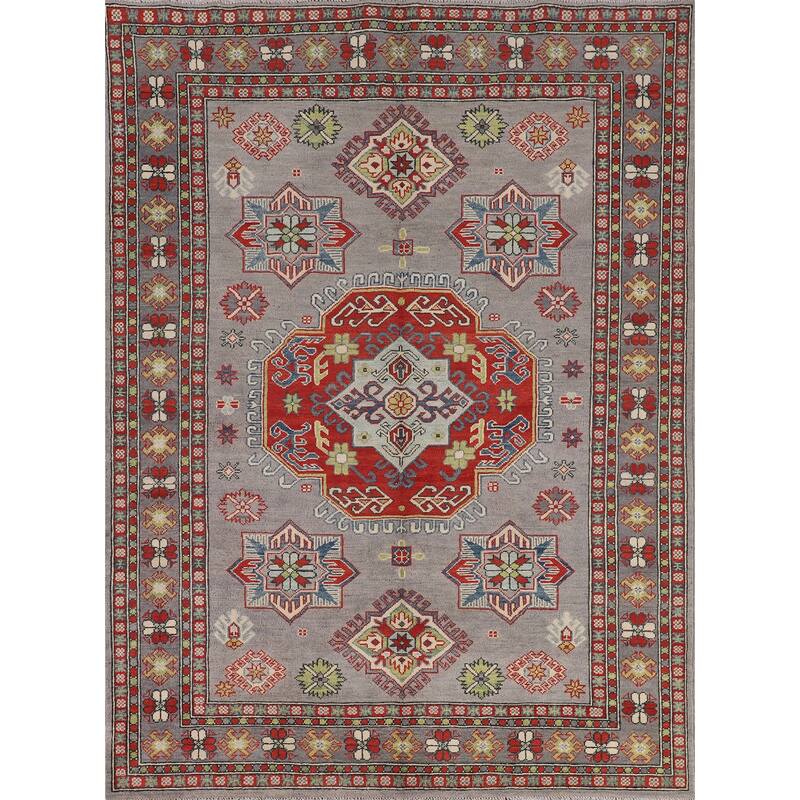 Gray Geometric Kazak Area Rug Living Room Handmade Wool Carpet - 5'7" x 7'3"