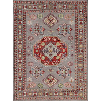 Gray Geometric Kazak Area Rug Living Room Handmade Wool Carpet - 5'7" x 7'3"