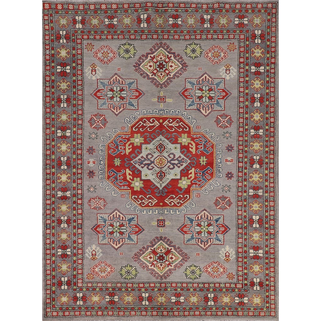 Gray Geometric Kazak Area Rug Living Room Handmade Wool Carpet - 5'7" x 7'3"