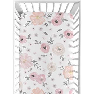Watercolor Floral Collection Girl Cotton Fitted Crib Sheet - Blush Pink, Grey and White Boho Shabby Chic Rose Flower 100% Cotton