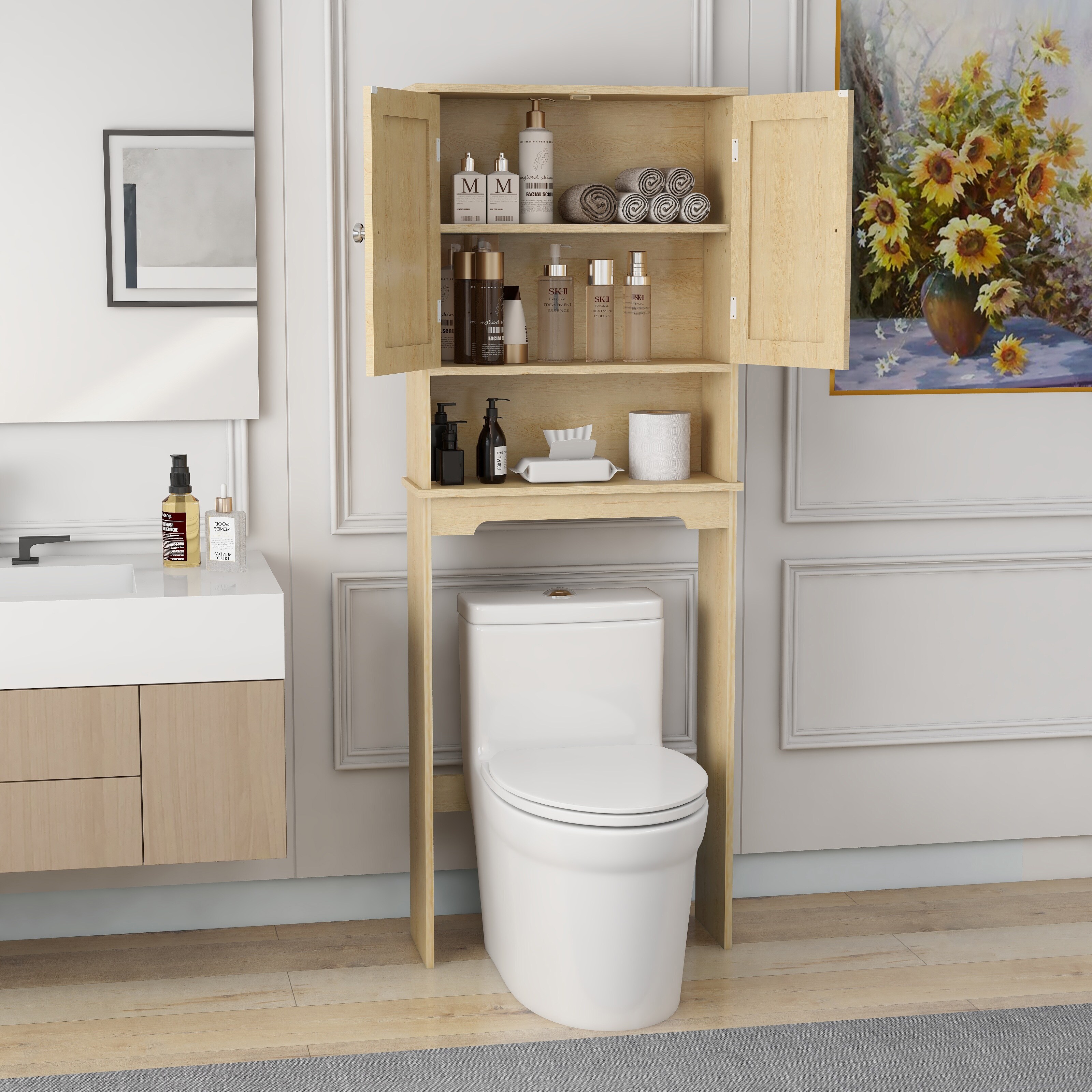 Over The Toilet Storage Cabinet with 2 Rattan Doors Adjustable Shelves Natural