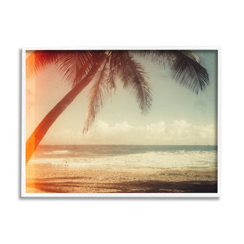 Stupell Vintage Sun Bleached Ocean Scene Hanging Palm Tree Framed Wall Art - 14 x 11 - White