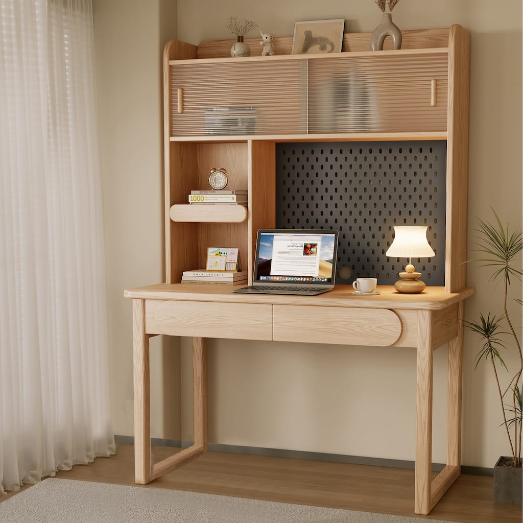 Kids Study Desk with Hutch,Student Writing Desk, Natural,Ash Wood
